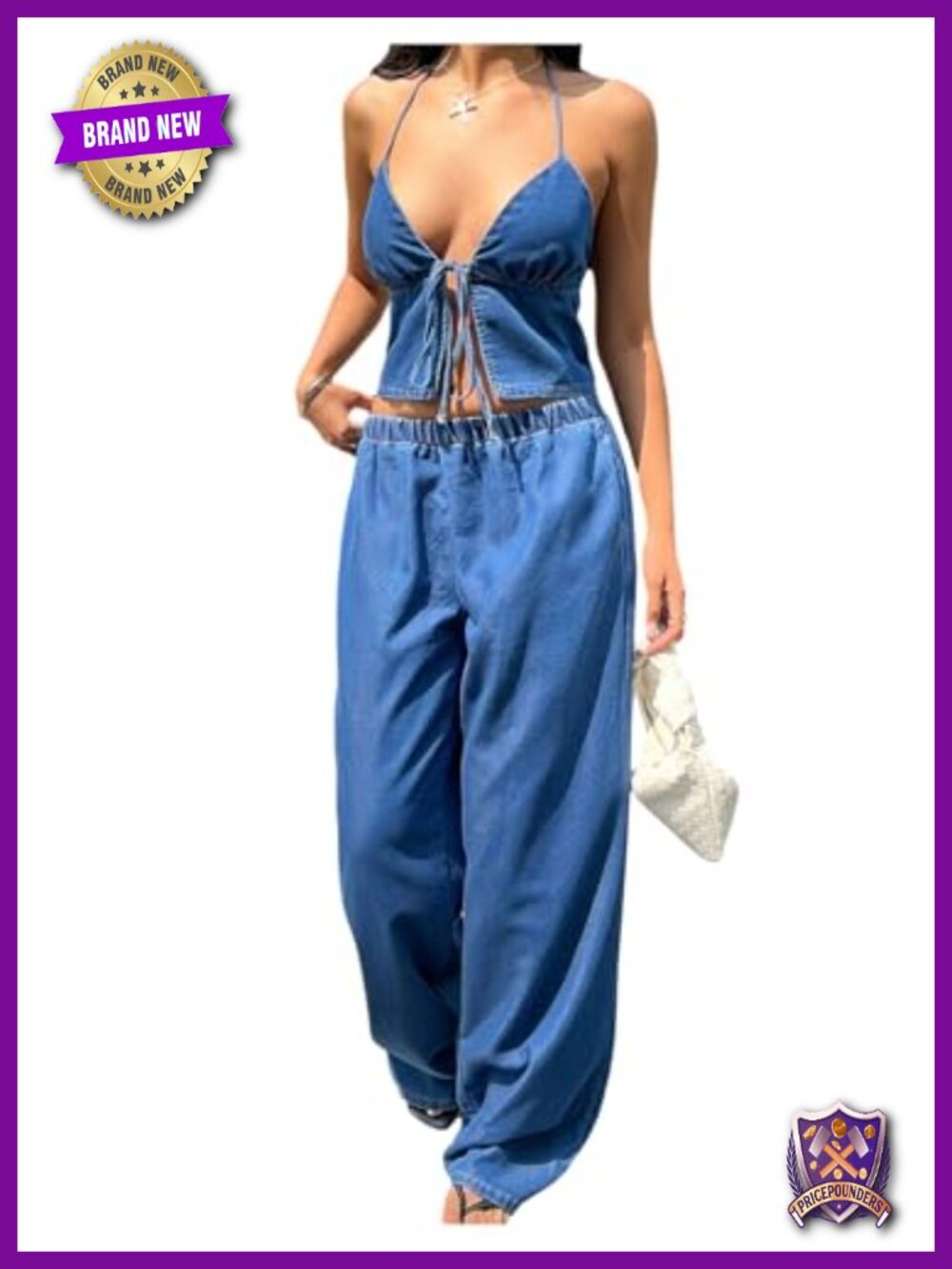 2 Piece Denim Pant Set V Neck Tie Front Cami Crop Top Wide Leg Jeans Y2K